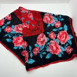 Vintage Bright Floral Rose Print Square Silky Scarf